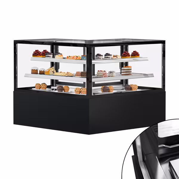 Vetrina angolare refrigerata per pasticceria MADRID - per pasticceria - 735l - 1500mm - Doppio vetro - vetro dritto - con 2 ripiani - porte posteriori a battente; LED interni; 4 lati vetro; display digitale; ruote - Nero opaco