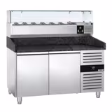 Commercial Pizza Prep Counter - Granite Top PREMIUM - 1500x800mm - with 2 doors - incl. refrigerated topping unit with glass sneeze guard - 6x GN 1/3