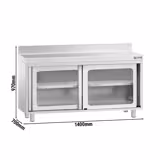 Tavolo armadiato in acciaio inox PREMIUM - 1400x700mm - con 2 porte scorrevoli - con alzatina