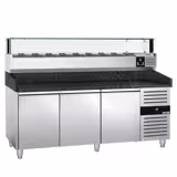 Table réfrigérée à pizza PREMIUM - 2000 x 800 mm - avec 3 portes - incl. vitrine réfrigérée LED - 9 x GN 1/3