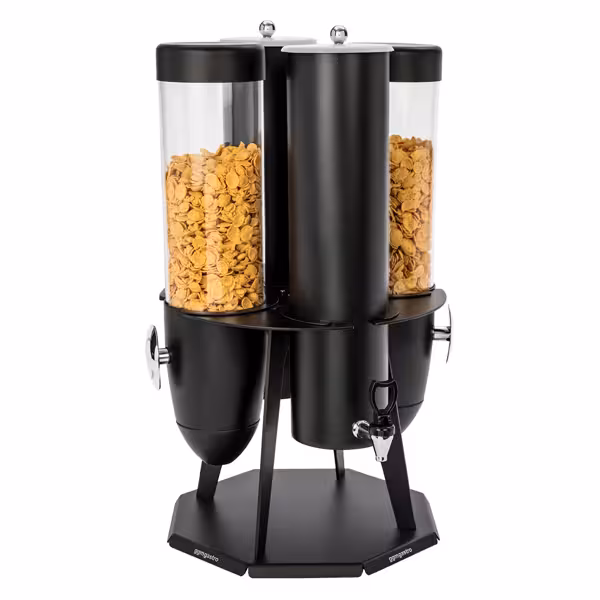 Cereal & Milk Dispenser - double - rotating - Rotary Dispense - 2 Plastic Containers - Stainless Steel Stand