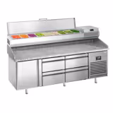 Table réfrigérée à pizza Premium PLUS - 1980x700 mm - avec 1 porte & 4 tiroirs - incl. vitrine réfrigérée - 9x GN 1/4
