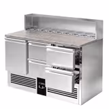 Saladette de Pizzas PREMIUM - 1368mm - 402L - 1 porta e 4 gavetas - com encaixe para 8x GN 1/6 & Tampa em aço inox - bancada em granito preto