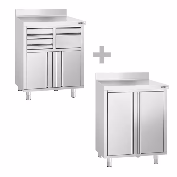 1 x Armário de trabalho para cafetaria - 800mm - 2 portas com dobradiças & 1 x Armário de trabalho para cafetaria - 800mm - 2 gavetas, batedor