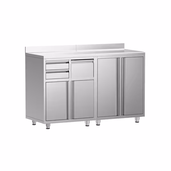 Commercial Stainless Steel Coffee Station & Worktop Floor Cupboard - for Coffee Machine - 1600x600mm - with Hinged Doors, 2 Drawers & Upstand