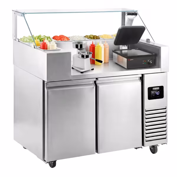 Banco preparazione refrigerato - 1210mm - 2 porte - per 9x GN 1/6 - incl. griglia a contatto e macchina per hamburger