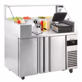 Mesa de preparação refrigerada - 1210x700mm - com 1 porta & 2 gavetas - para 9x GN 1/6 - incl. Grelha de contacto & Máquina do Hamburguer manual