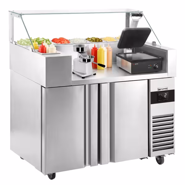Saladette - 1210x700mm - 1 deur + 2 lades - voor 9x GN 1/6 - incl. contactgrill & hamburgermachine