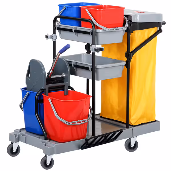 Cleaning trolley - with 4 Containers, Mop wringer & Laundry bag - Grey