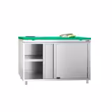 Table armoire en acier inoxydable PREMIUM - 1200x700mm - avec portes coulissantes - pour fruits et légumes - incl. plateau de découpe Vert PEHD (HACCP)