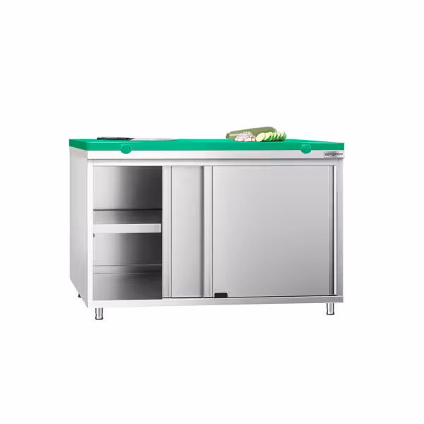 Edelstahl Arbeitsschrank PREMIUM - 1200x600mm - mit Schiebetür - inkl. Schneideplatte Grün