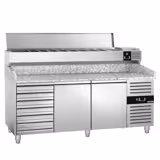 Table réfrigérée à pizza PREMIUM - 2000 x 800 mm - avec 2 portes et 7 tiroirs - incl. vitrine réfrigérée - 10 x GN 1/4