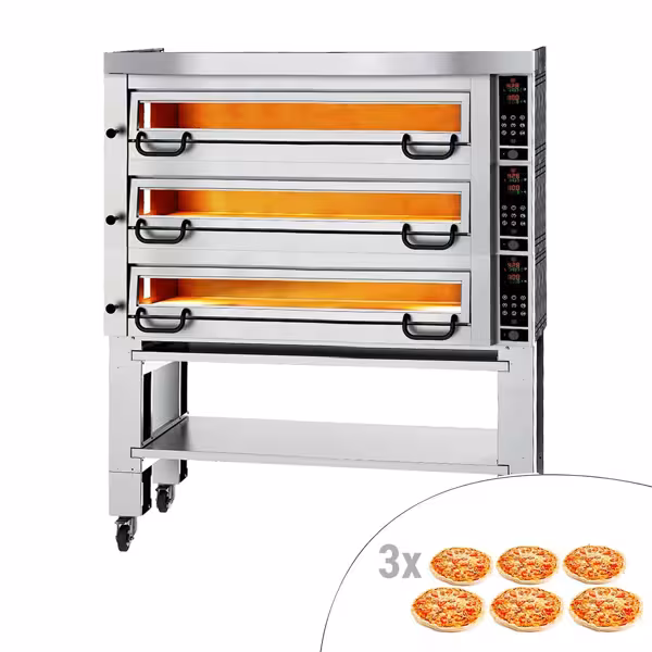 Elektrische pizzaoven (chamotte bakvloer) - 1480x1010x2028mm - 3 kamers - 3x6 pizza’s Ø34cm - tot 450°C - Touch - incl. rvs afzuigkap & onderstel met wielenset
