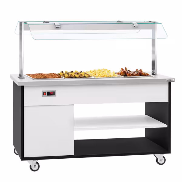 Heated Bain Marie Buffet Counter DANZIG - 1600mm - for 4x GN 1/1 - Mobile - with Gantry - with Sneeze Screen