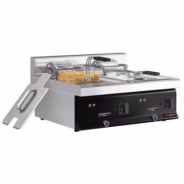Dubbele elektrische friteuse - 10+10 liter - 16 kW - zwart - mechanische bediening - met aftapkraan