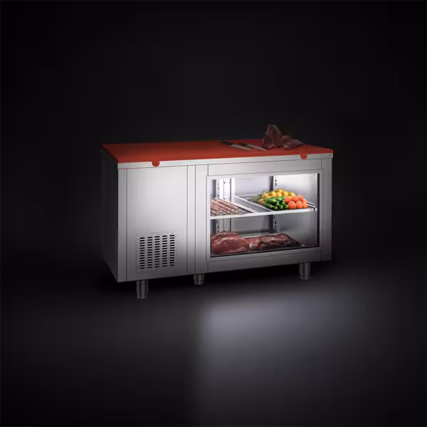 Stół chłodniczy – 1400 x 700 mm – 2 drzwi z tyłu – z przeszklonym frontem – wraz z czerwoną płytą do krojenia