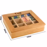 Wooden Tea Box - 12 Compartments - with Viewing Window (Acrylic Lid) & Engraving - Brown