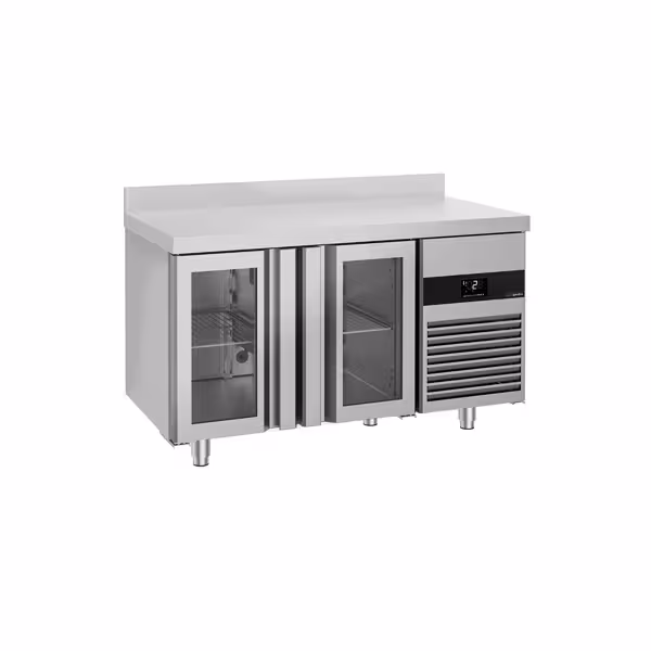 Hűtött munkaasztal PREMIUM - 1400x700 mm - GN 1/1 - 281 liter - ventilációs - 2 üvegajtóval - felhajtással