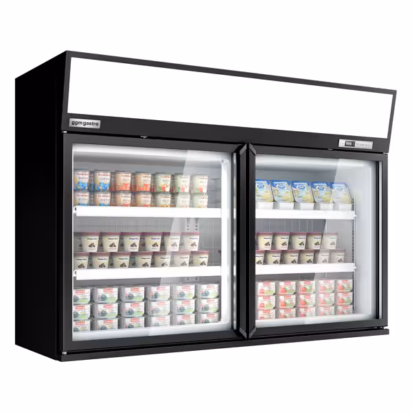 Vitrine murale de congélation pour supermarché - 1450 mm - 232 litres - avec 2 portes & 2 étagères - Noir
