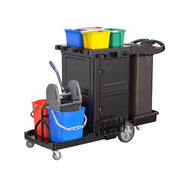 Cărucior de curățenie – închis – 6 recipiente, storcător de mop, sac pentru rufe