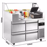 Table de préparation – 1210 mm – 4 tiroirs – pour 9 bacs GN 1/6 – incl. grill de contact & machine à hamburgers
