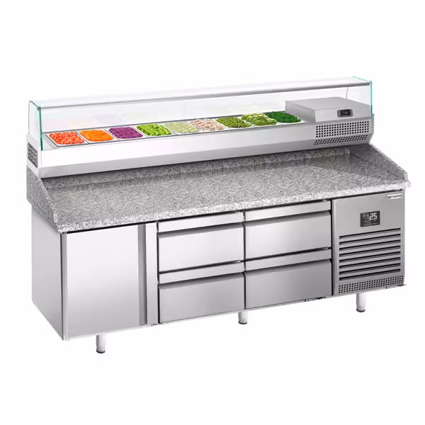 Pizzakühltisch Premium PLUS - 1980x700mm - mit 1 Tür & 4 Schubladen - inkl. Kühlaufsatzvitrine - 9x GN 1/4