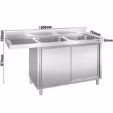 Plonge inox professionnelle PREMIUM - 1800x700mm - 2 bac(s) à droite - avec égouttoir à gauche - passage lave-vaisselle à droite