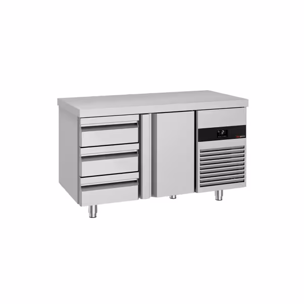 Soğutmalı tezgah PREMIUM - 1400x700mm - 1 kapılı; 3 çekmeceli - Umluft soğutma; dijital termostat - ön panel sağda agregat