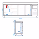 Baari- ja juomien jäähdytyspöytä PREMIUM - 2690x600mm - 2 ovea, 6 laatikkoa, jalusta ja koputin kahville