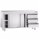 Tavolo armadiato in acciaio inox PREMIUM - 1400x600mm - con 3 cassetti a destra