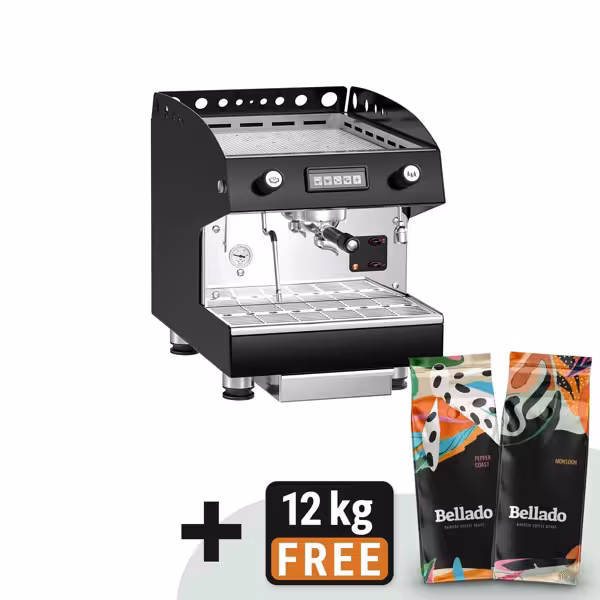 Commercial 1-Group Espresso Machine – Coffee Bundle 12 kg Beans - Compact 375×530×485 mm - 1.80 kW