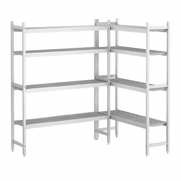 Aluminium/kunststof stelling - 1671x1190mm - hoekopstelling L-vorm - Diepte: 360mm - met 4 schappen - Draagvermogen totaal: 600kg