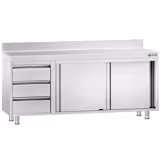 Mesa armario inox PREMIUM - 2000x600mm - con 3 cajones izquierda & con peto - con estante intermedio