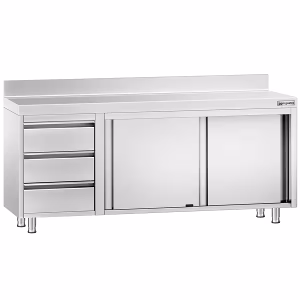 Gesloten RVS werktafel PREMIUM - 2000x600mm - met 2 schuifdeuren, 3 laden links - met achteropstand