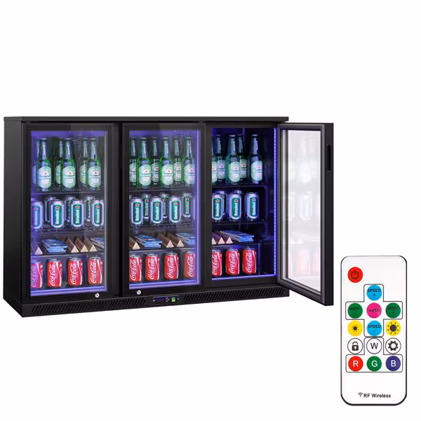 Bancada refrigerada para bar - 1350mm - 320L - com 3 portas de vidro de batente - Exterior e interior preto