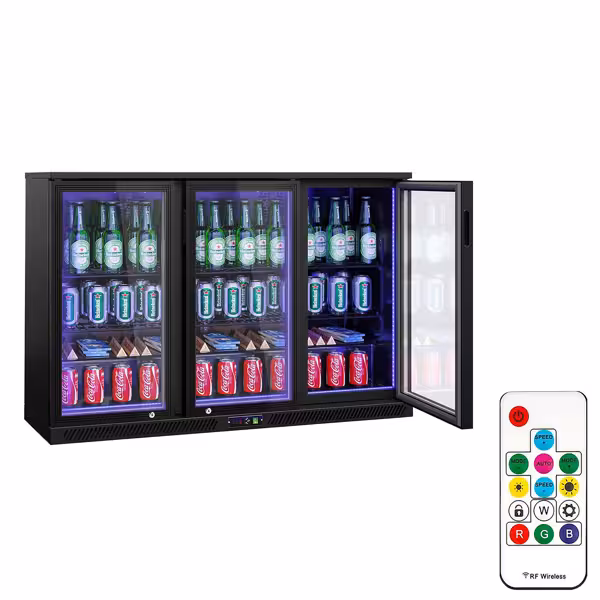 Commercial Back Bar Cooler - 1350mm - 320L - with 3 glass hinged doors - Black