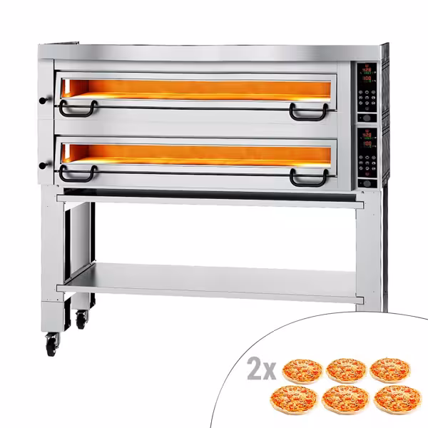 Elektrische pizzaoven (chamotte bakvloer) - 1480x1010x2070mm - 2 kamers - 2x6 pizza’s Ø34cm - tot 450°C - Digitaal - incl. afzuigkap, onderstel & wielstel