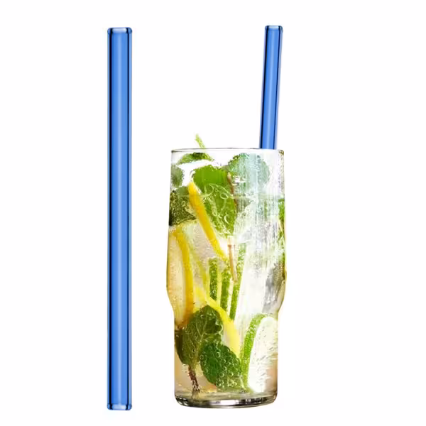(50 pcs) Glass Drinking Straws - 200mm - ø 8mm - straight - Blue - incl. 1 Nylon cleaning brush