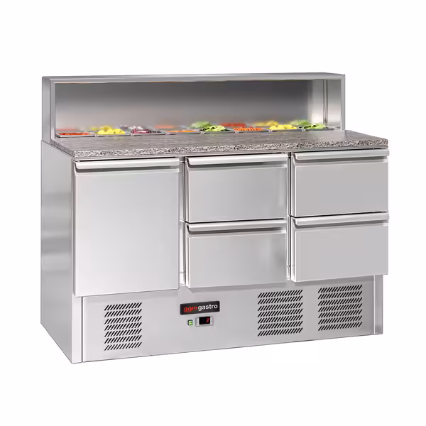 Saladette ECO - 1368mm - Rostfritt stålfäste för 8x GN 1/6 - 1 dörr och 4 lådor
