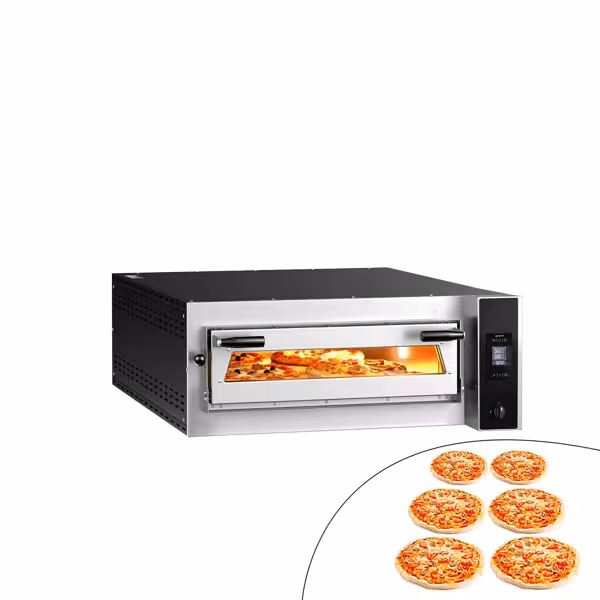 Commercial Electric Pizza Oven, 1 Deck – 6× Ø35 cm - 400°C - Digital Soft-Touch - Fibreglass - Chamotte deck - 15 cm clearance
