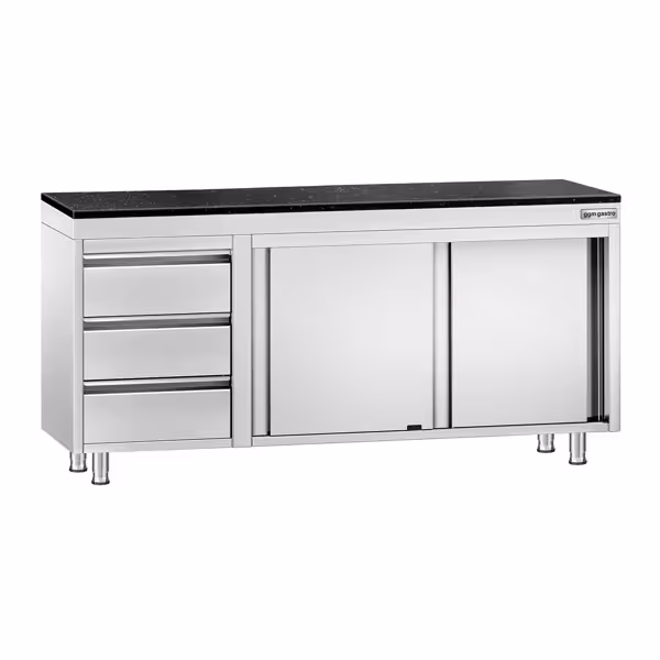 Armário de trabalho em aço inoxidável PREMIUM - 1800 x 700 mm - com 3 gavetas à esquerda - inclui bancada em granito