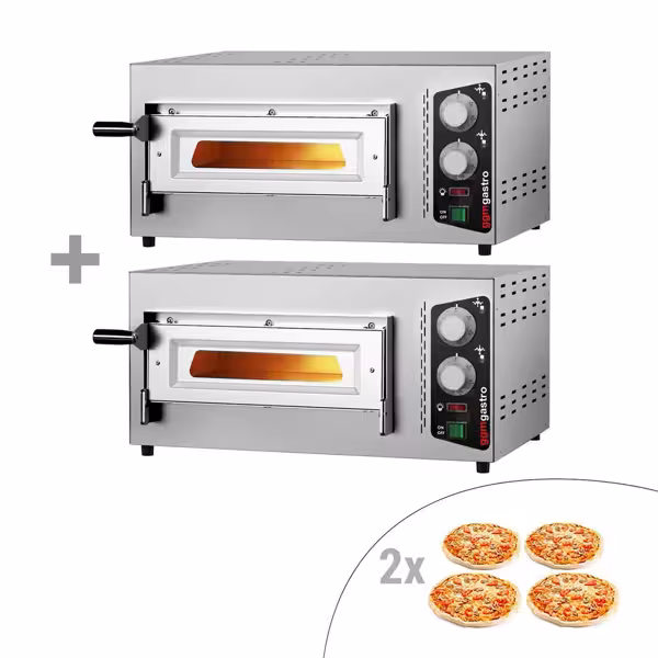 (2 pcs) Electric Deck Pizza Oven - Single Deck - Refractory Stone Deck - 4 x Ø 24cm (9.4") - 230V Single Phase | Hardwired - Mechanical Controls - up to 450°C