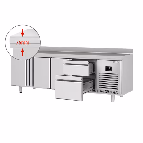 Mostrador refrigerado PREMIUM PLUS - 2452x700mm - de trabajo - 3 puertas y 2 cajones - refrigeración ventilada - con alzada trasera