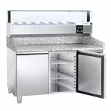 Banco pizza refrigerato PREMIUM - 1500x800mm - con 2 porte - piano in granito - con vetrina ingredienti refrigerata superiore LED - 7x GN 1/4