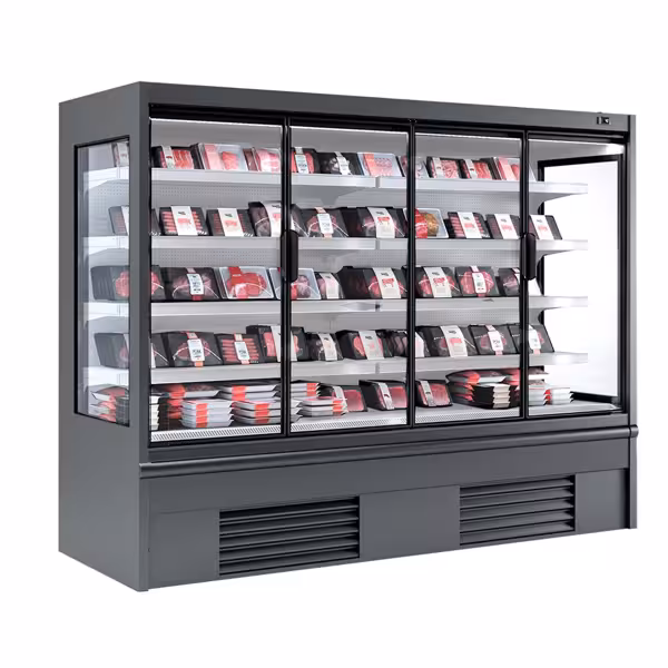 Murale Refrigerato Professionale - 2580mm - 1605l - +2°/+4°C - con 4 porte a battente in vetrocamera & 4 ripiani - Antracite (RAL7016)