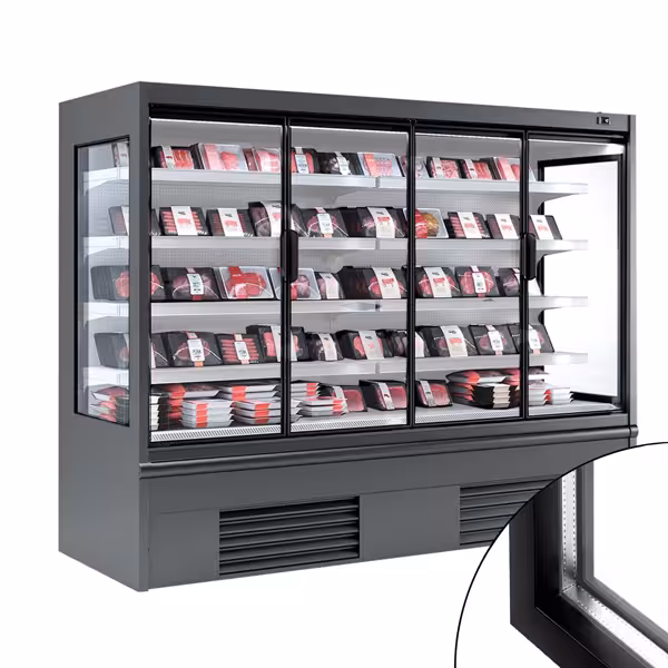 Commercial multideck display fridge - 2580mm - 1605L - with 4 double‑glazed hinged glass doors & 4 shelves - Anthracite