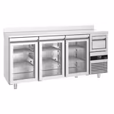 Bárhűtő PREMIUM - 2140x600 mm - 632 liter - 3 üvegajtó, digitális termosztát, automatikus leolvasztás, ventilációs hűtés, állítható rácsok, munkalap felhajtással & kávékiütő - rozsdamentes acél