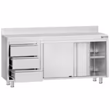 Paslanmaz Çelik Dolaplı Çalışma Tezgahı ECO - 1800x700mm - ile Sürgülü Kapılı & Taban Raflı & Ara Raflı & Sol 3 Çekmeceli & Sırt