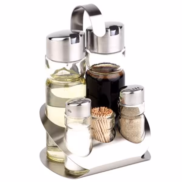 (6 pcs) Cruet Set PRO - 5-piece - Stainless steel stand - Glass; Stainless steel lids - with drip-free pourer spouts - incl. 5 glass containers - with dishwasher safe