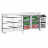 Arrière-bar réfrigéré professionnel PREMIUM - 2690 x 600 mm - avec 2 portes et 6 tiroirs - avec dosseret - avec tiroir à marc de café